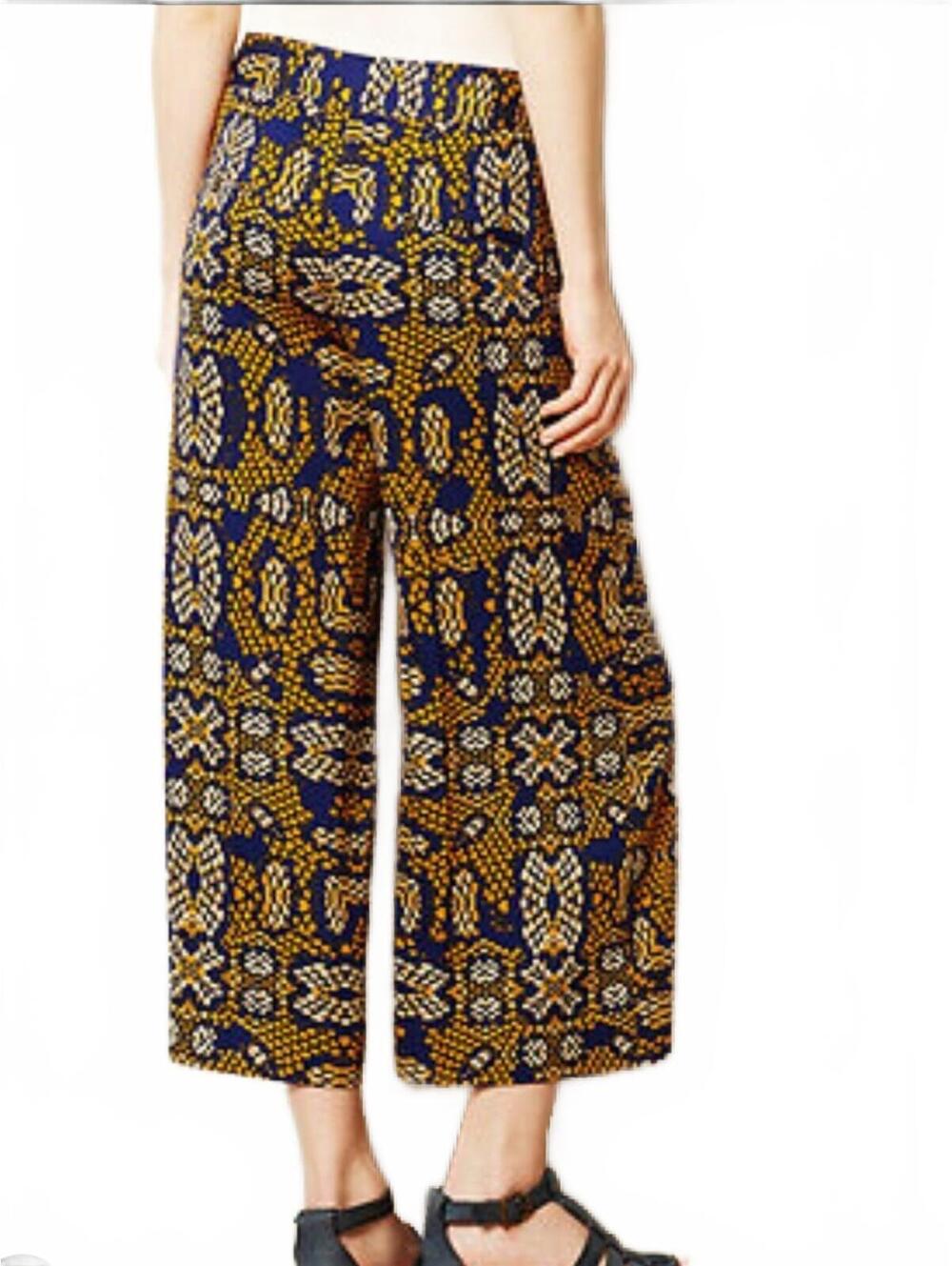 Anthropologie Cartonnier Navy & Mustard Wide-Leg Patterned Culotte Pant Size 2